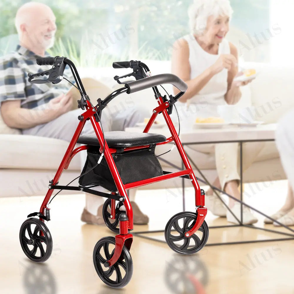 Red rollator walker with padded seat and storage pouch, positioned in a living room setting with elderly individuals.