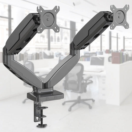  Image showing a modern dual monitor arm with a robust mechanical design, featuring gas springs for smooth adjustment.