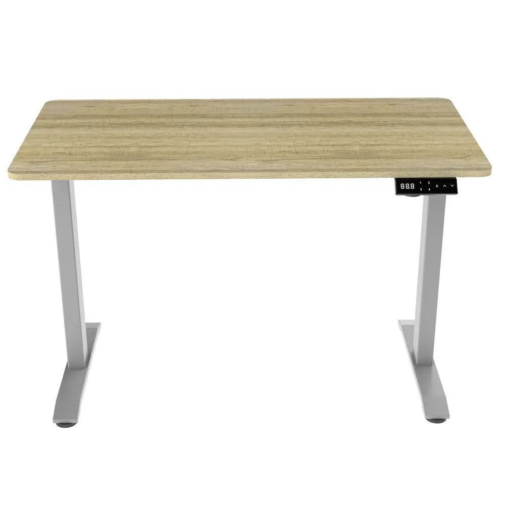 The desk supports both sitting and standing positions, promoting better posture and health.