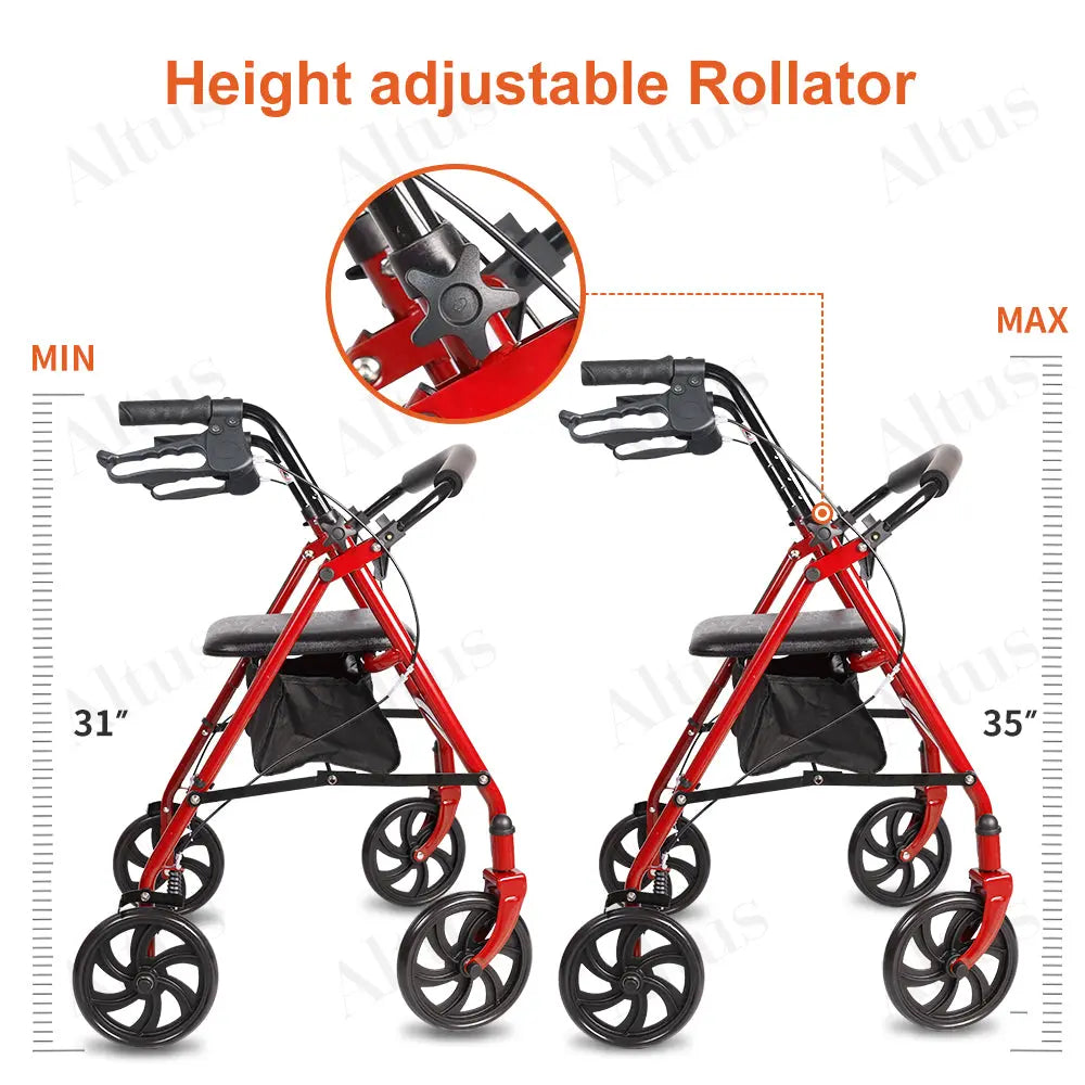 Height adjustable rollator walker, shown in two height settings, with close-up of adjustment mechanism.