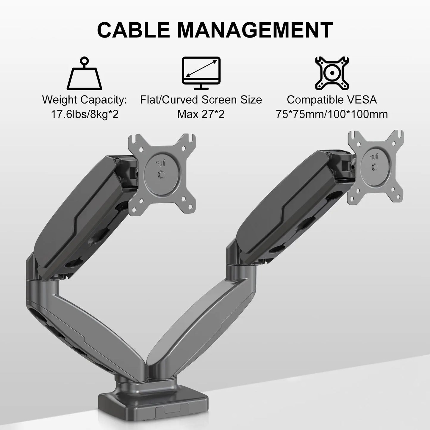 Graphic detailing the cable management, weight capacity, and compatible screen size and VESA mount specifications of the dual monitor arm.