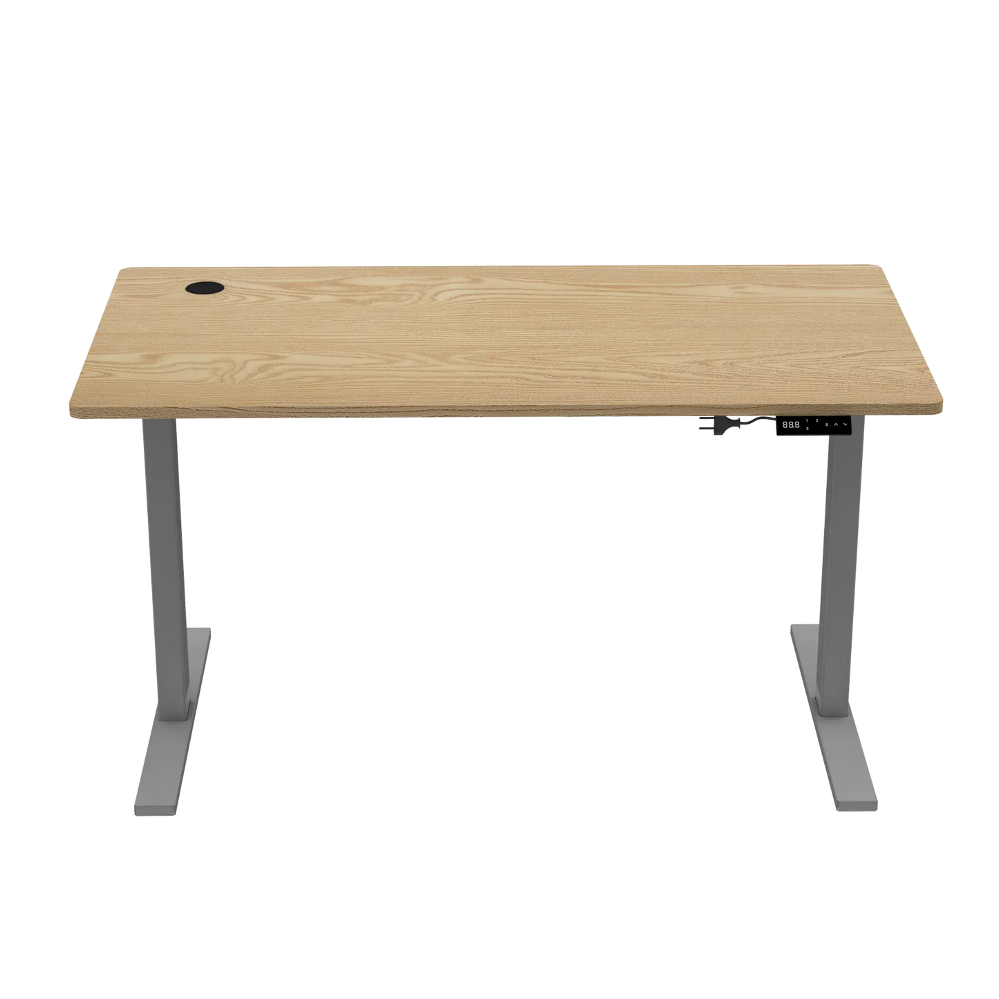 An isolated view on a transparent background of a motorized adjustable desk, showing the digital display interface for height adjustment integrated into the wooden tabletop.