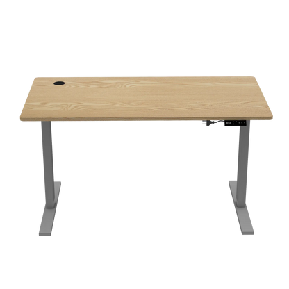 An isolated view on a transparent background of a motorized adjustable desk, showing the digital display interface for height adjustment integrated into the wooden tabletop.