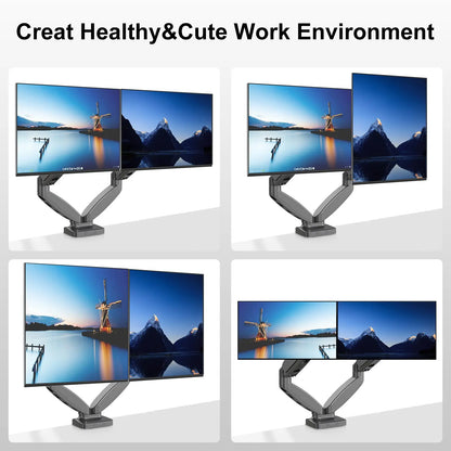 Collection of images displaying different monitor configurations using the dual monitor arm, emphasizing flexibility and support for multi-monitor setups.