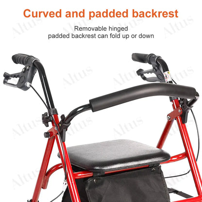 Red rollator walker with curved and padded backrest, close-up highlighting the backrest features.