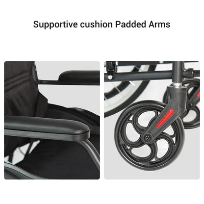 Close-up of the padded armrests and front caster wheels.