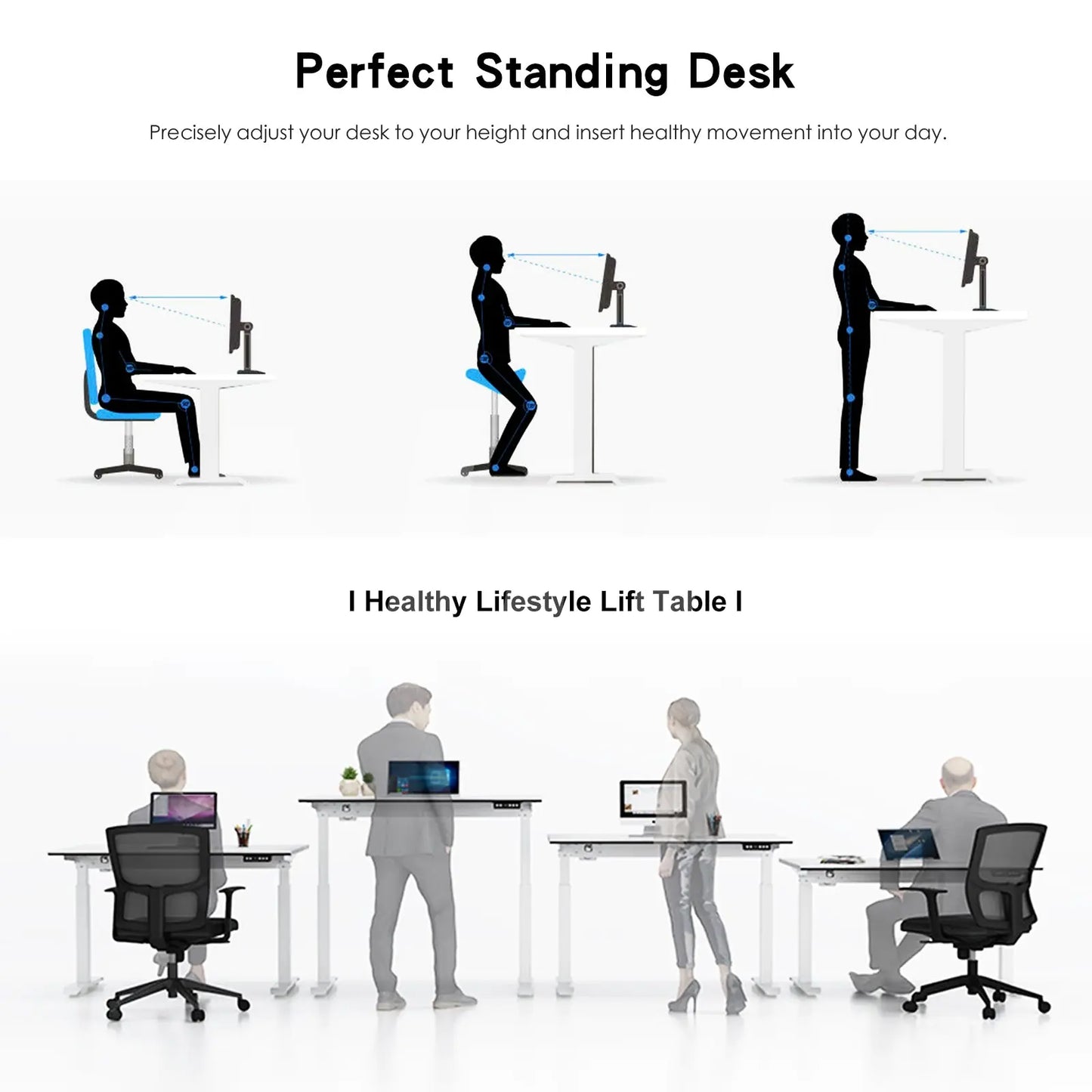 Illustration showing ergonomic positions with a motorized desk, including seated, standing, and height adjustment for posture health benefits.