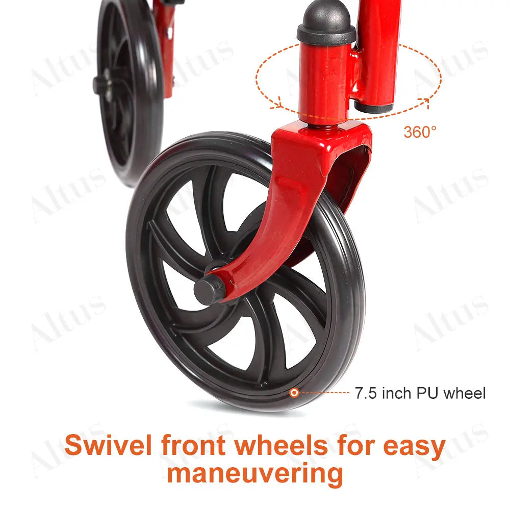 Close-up of the swivel front wheels of the rollator walker, showing the 360-degree maneuverability.