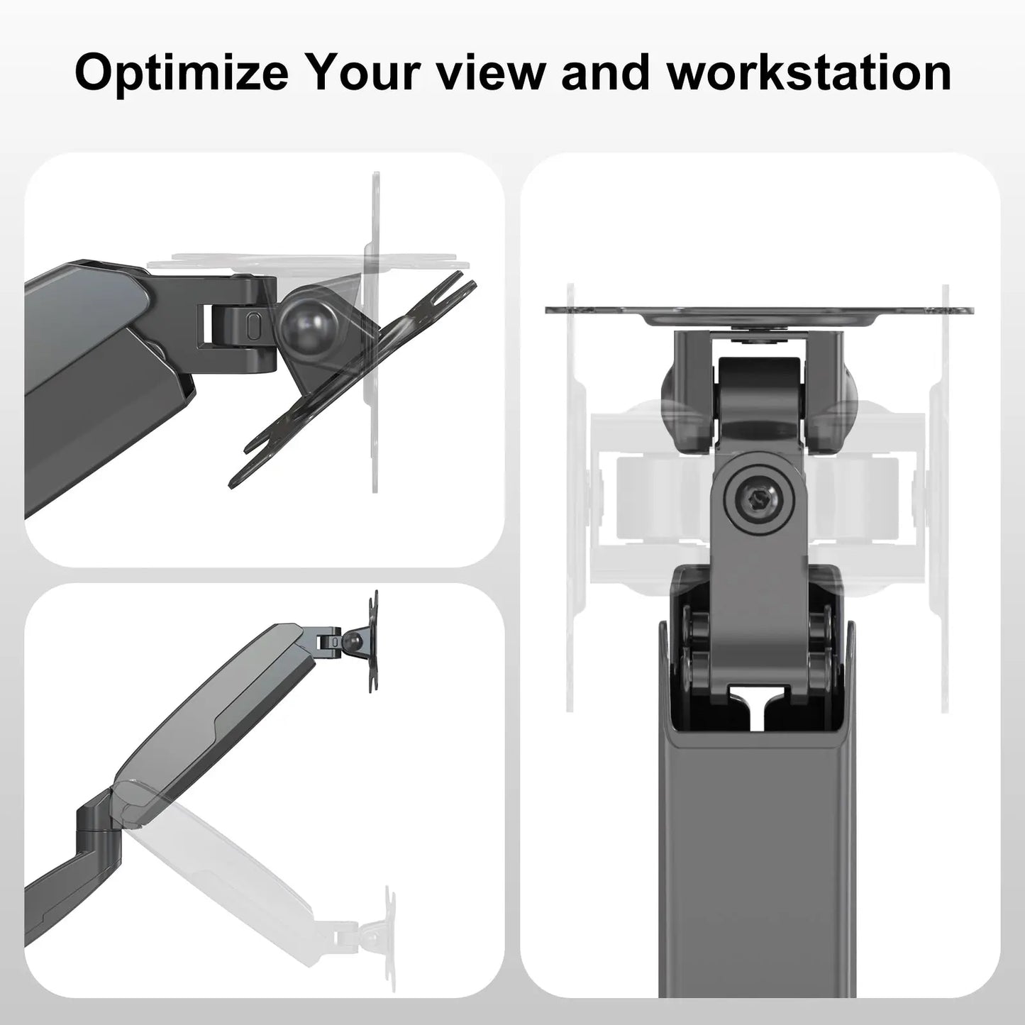 Image demonstrating the various adjustable positions of the dual monitor arm, highlighting its ability to optimize viewing angles and desk space.