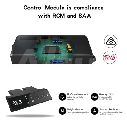 A detailed view of the control module for a motorized desk, highlighting compliance with RCM and SAA, and featuring buttons for adjusting desk height and memory settings.