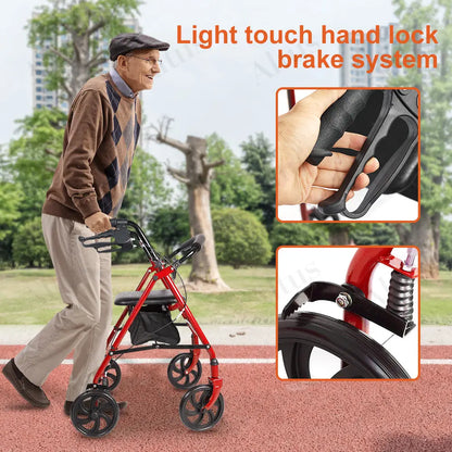 Elderly man using the red rollator walker outdoors, with close-up of the hand brake system.