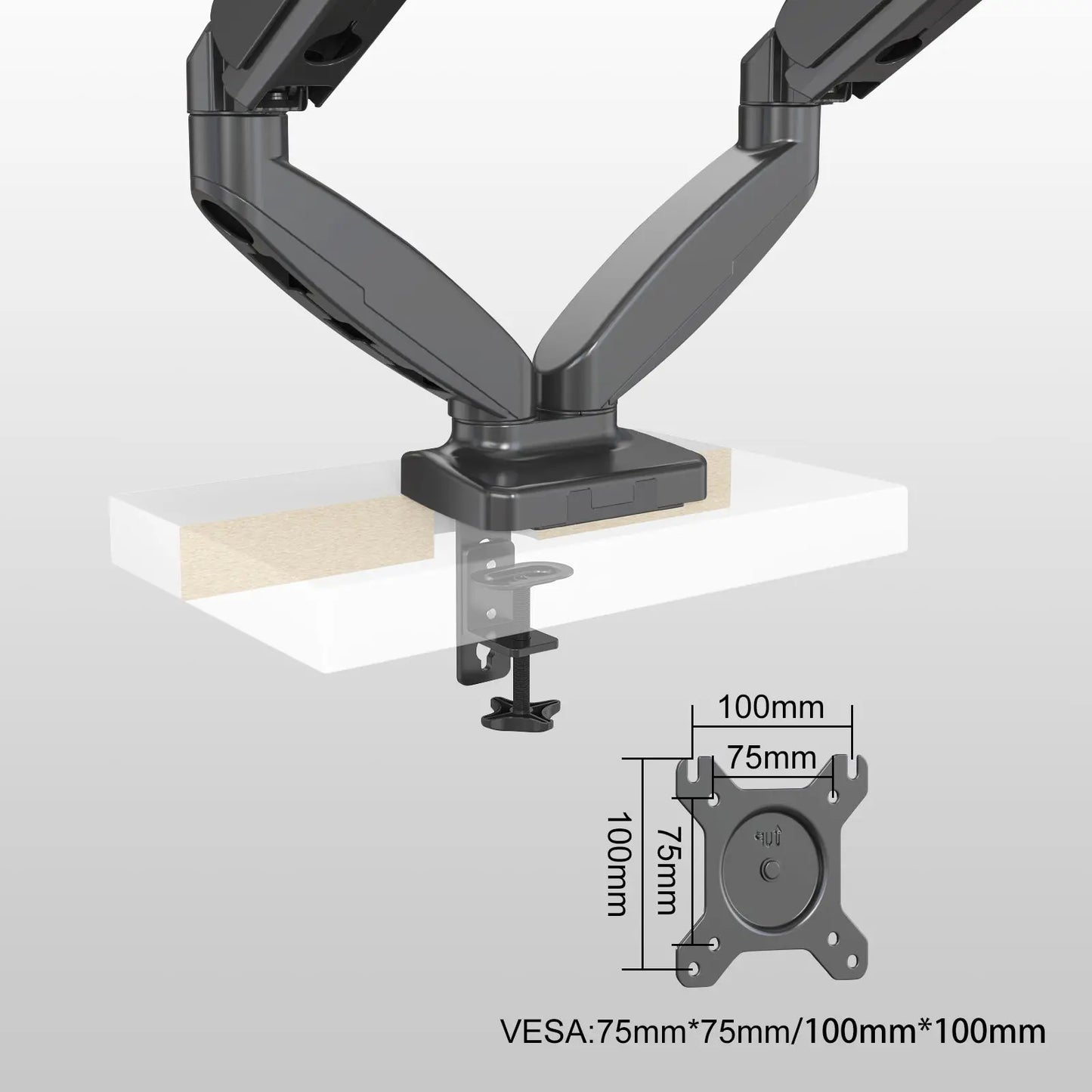 Image focusing on the solid base and clamp of the monitor arm, illustrating its sturdy attachment to a desk surface and detailed VESA mount 