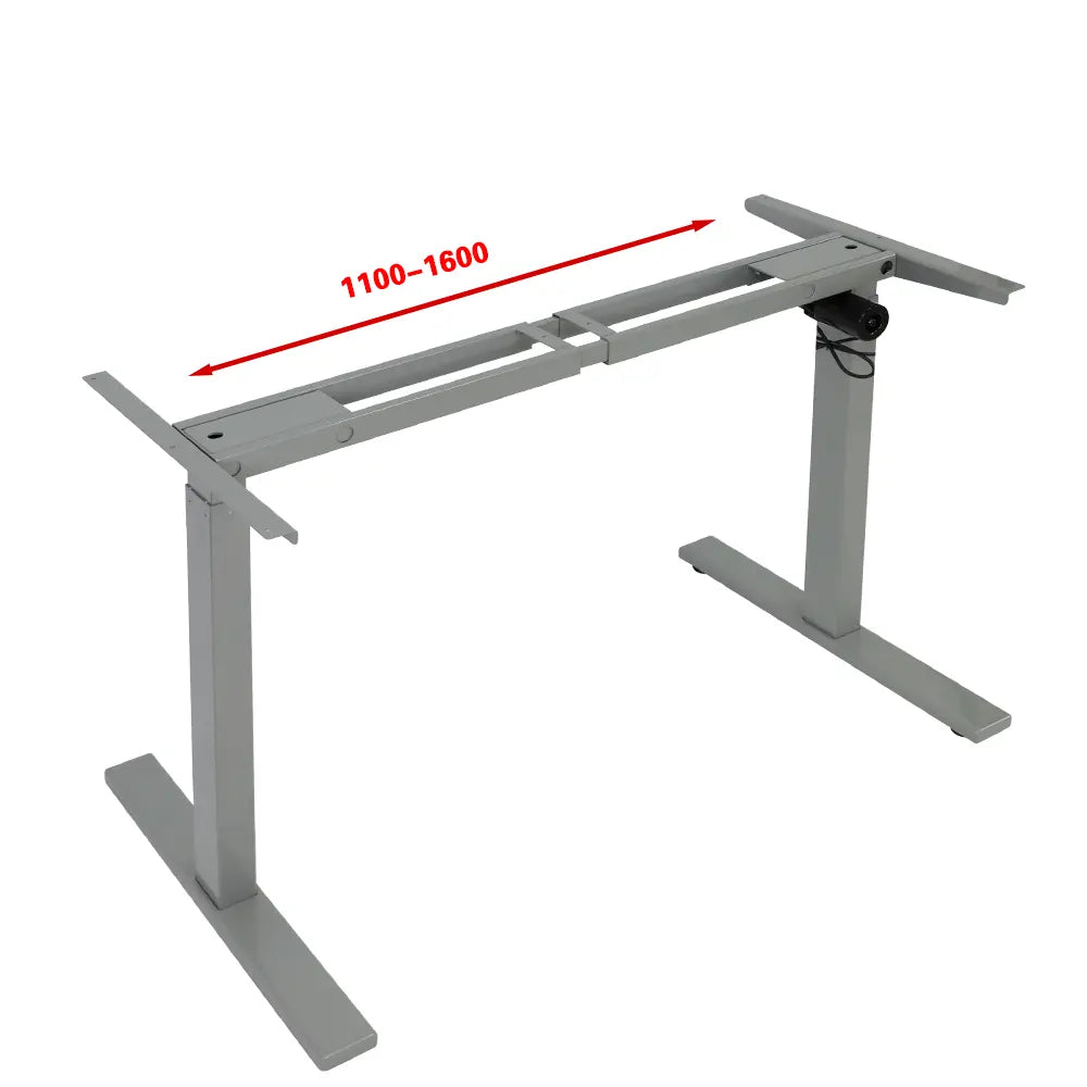 A side perspective of the motorized desk frame, indicating the adjustable width feature that accommodates different tabletop sizes, marked with a measurement range.