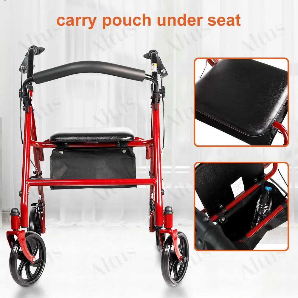 Rear view of the red rollator walker, highlighting the carry pouch under the seat.