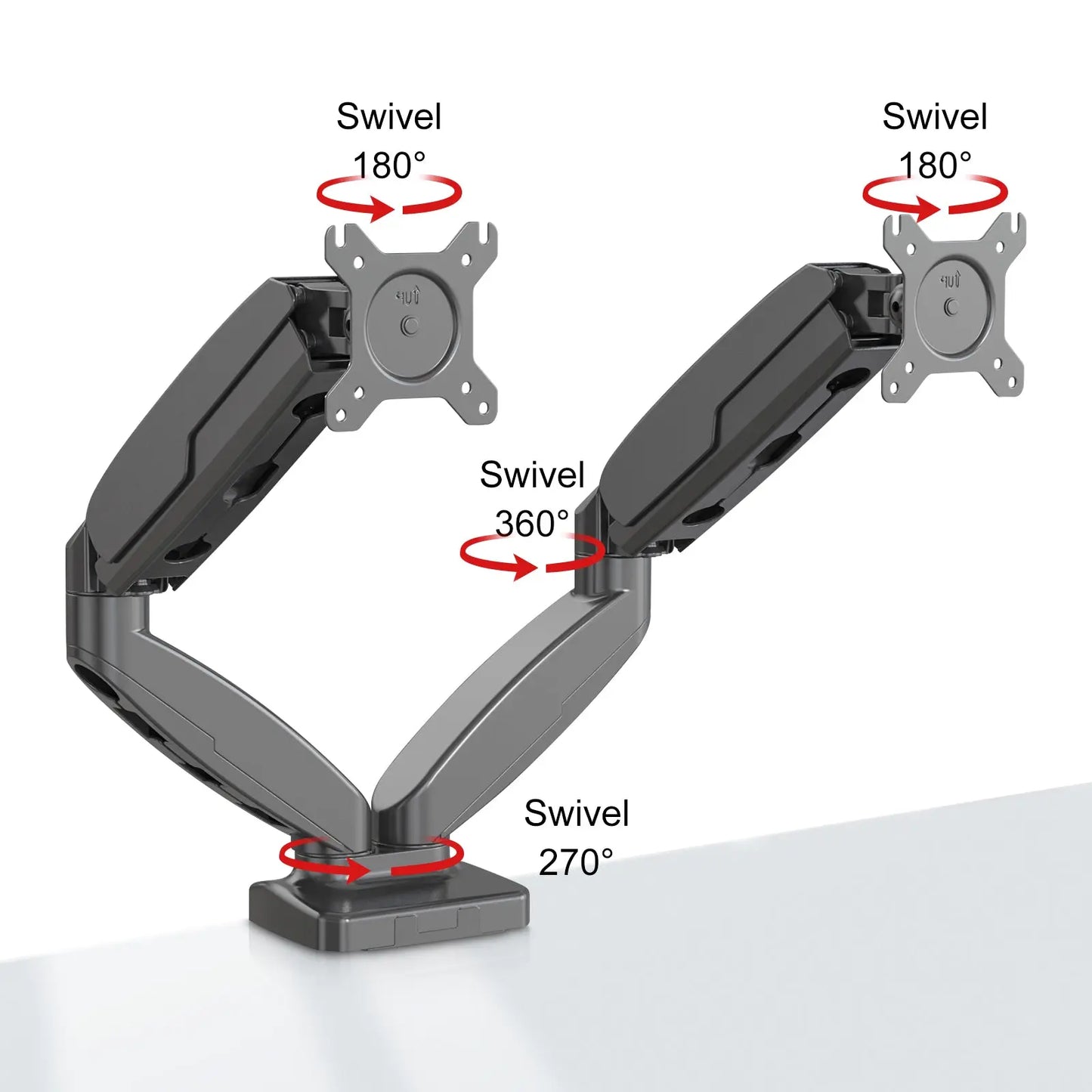 Image demonstrating the various adjustable positions of the dual monitor arm, highlighting its ability to optimize viewing angles and desk space.