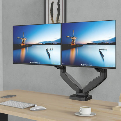 Photo of a workspace with two monitors supported by a centrally mounted dual monitor arm, providing a panoramic view with minimalist design.