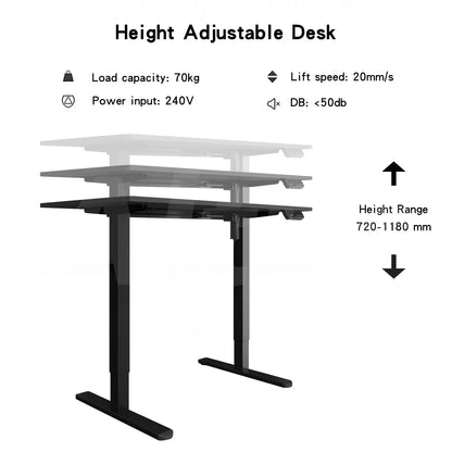 Diagram highlighting desk adjustability features, including height range (720-1180 mm), load capacity, and quiet operation