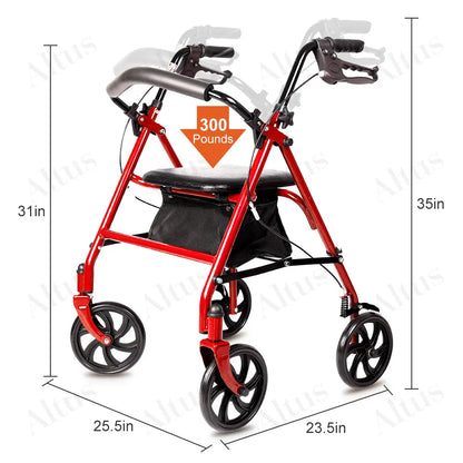 Dimensions of the red rollator walker, highlighting the adjustable height and weight capacity.