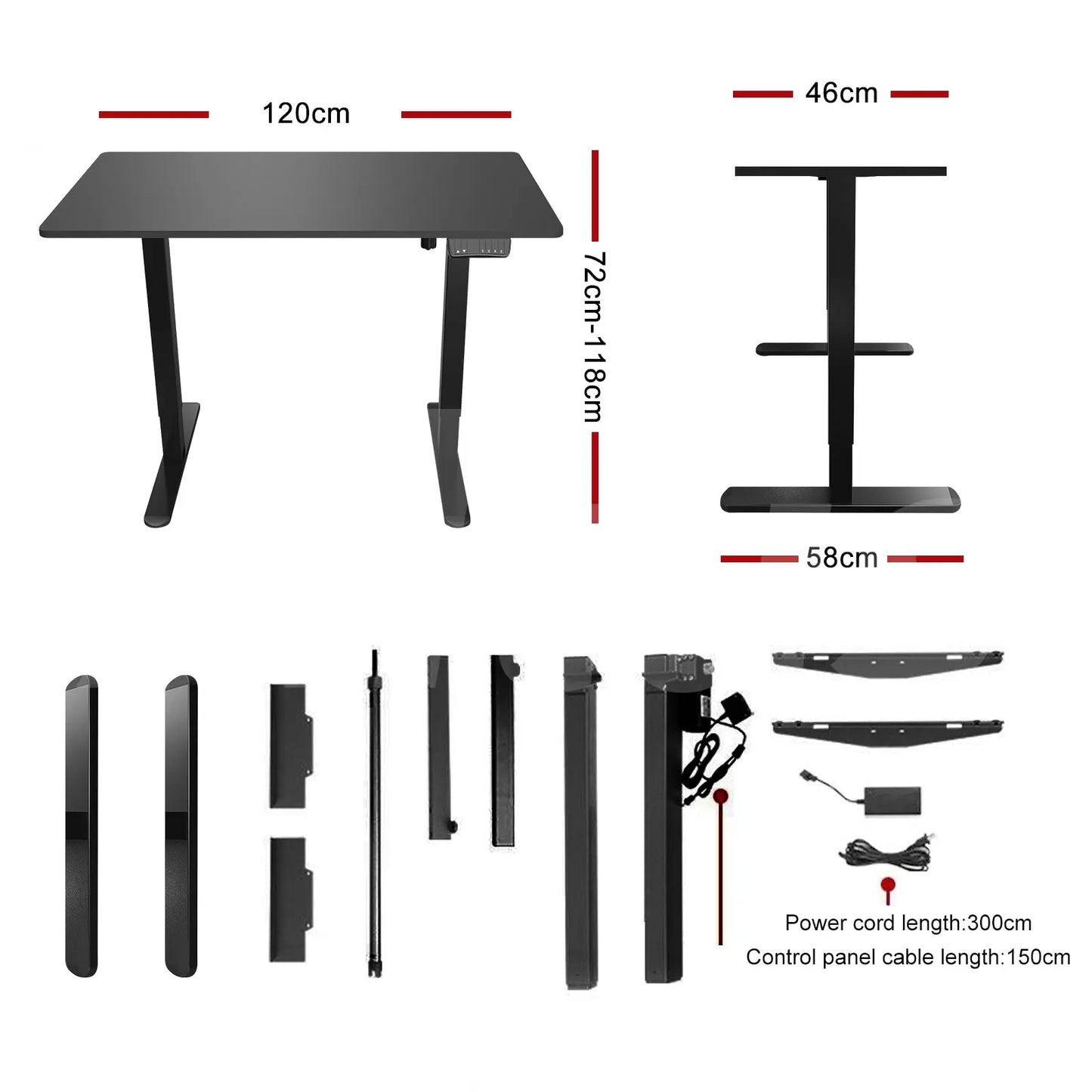 Exploded assembly view of the desk with labeled components, highlighting modular design and ease of setup.