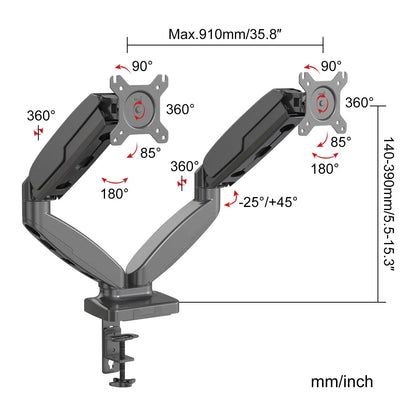 Technical illustration providing precise measurements of the monitor arm’s reach and angles of movement, detailed with red highlights for easy understanding.