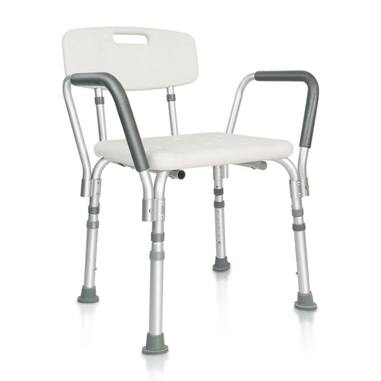 Image 1: A basic adjustable shower chair with a white backrest and seat, featuring grey metal legs