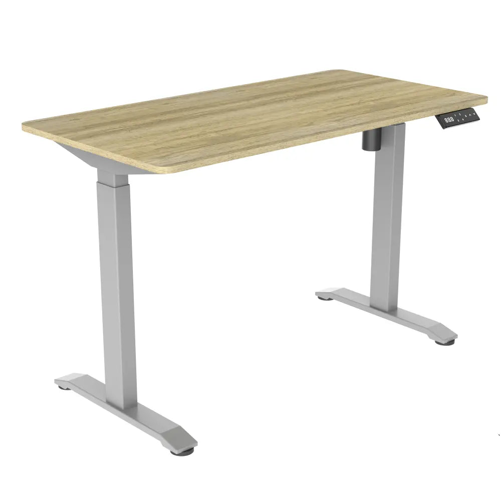 The desk supports both sitting and standing positions, promoting better posture and health.