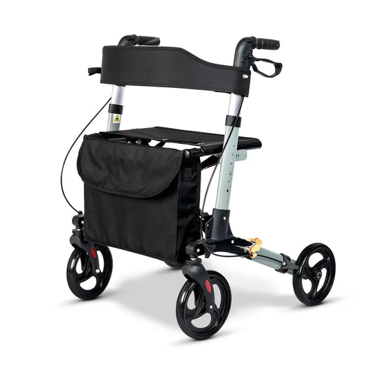 Lightweight rollator with large storage bag, padded backrest, and ergonomic handles.