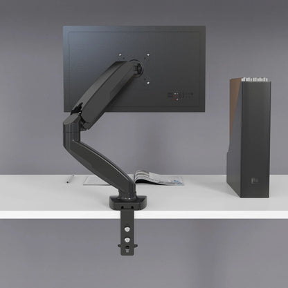 Monitor arm securely mounted on a desk, demonstrating its compatibility with various monitor sizes and easy height adjustment for a comfortable viewing experience.