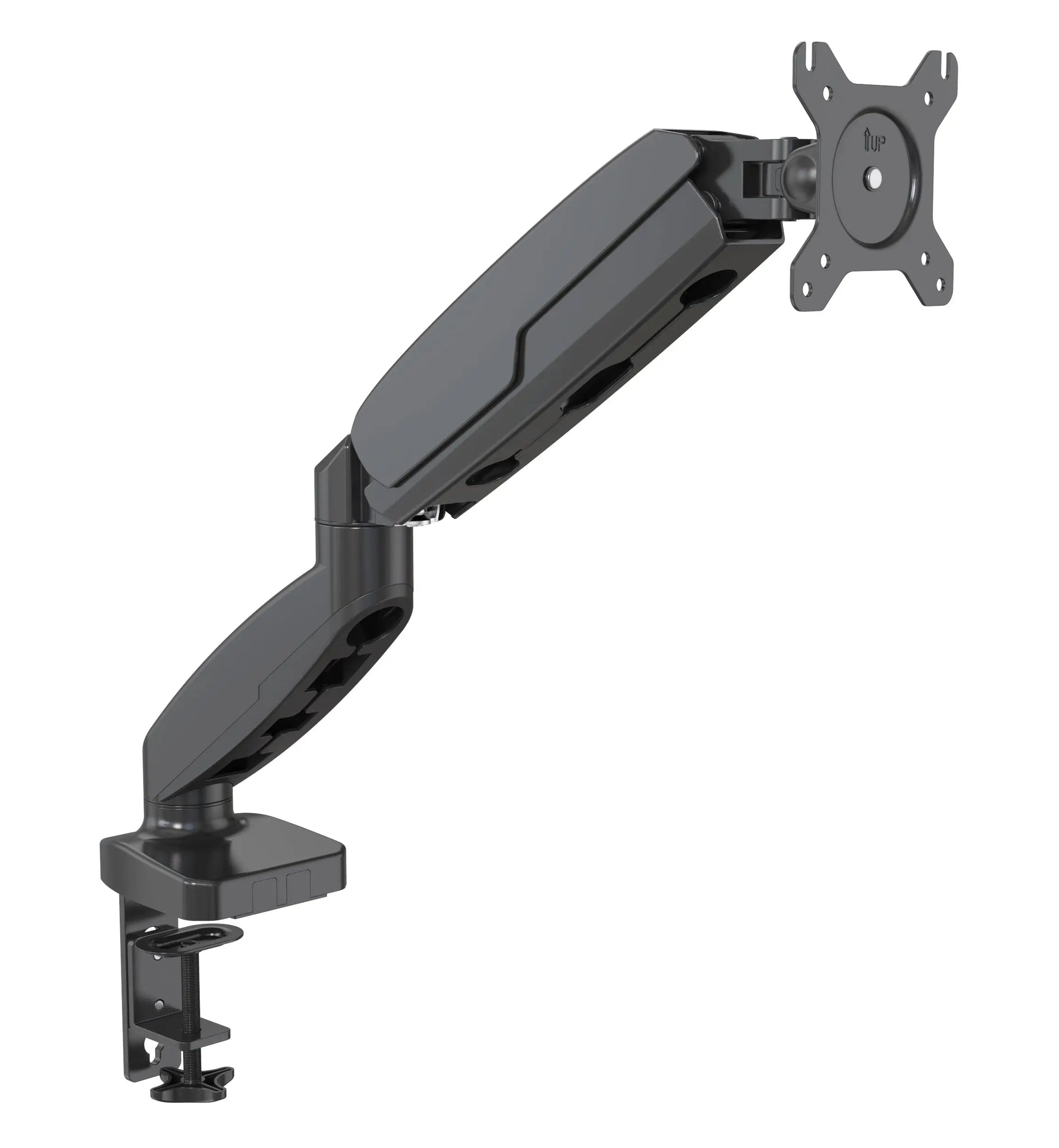 Adjustable monitor arm with a sleek, modern design and sturdy desk clamp, ideal for creating a space-saving, ergonomic workstation with a full range of motion.