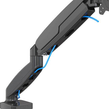 Monitor arm with integrated cable management channels, keeping cords neatly hidden and organized, ensuring a tidy and professional workspace appearance.