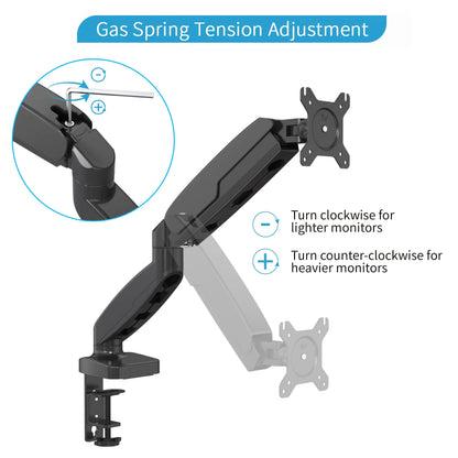 Close-up of the gas spring tension adjustment mechanism, showing how to customize the monitor arm’s resistance for both lighter and heavier monitors.