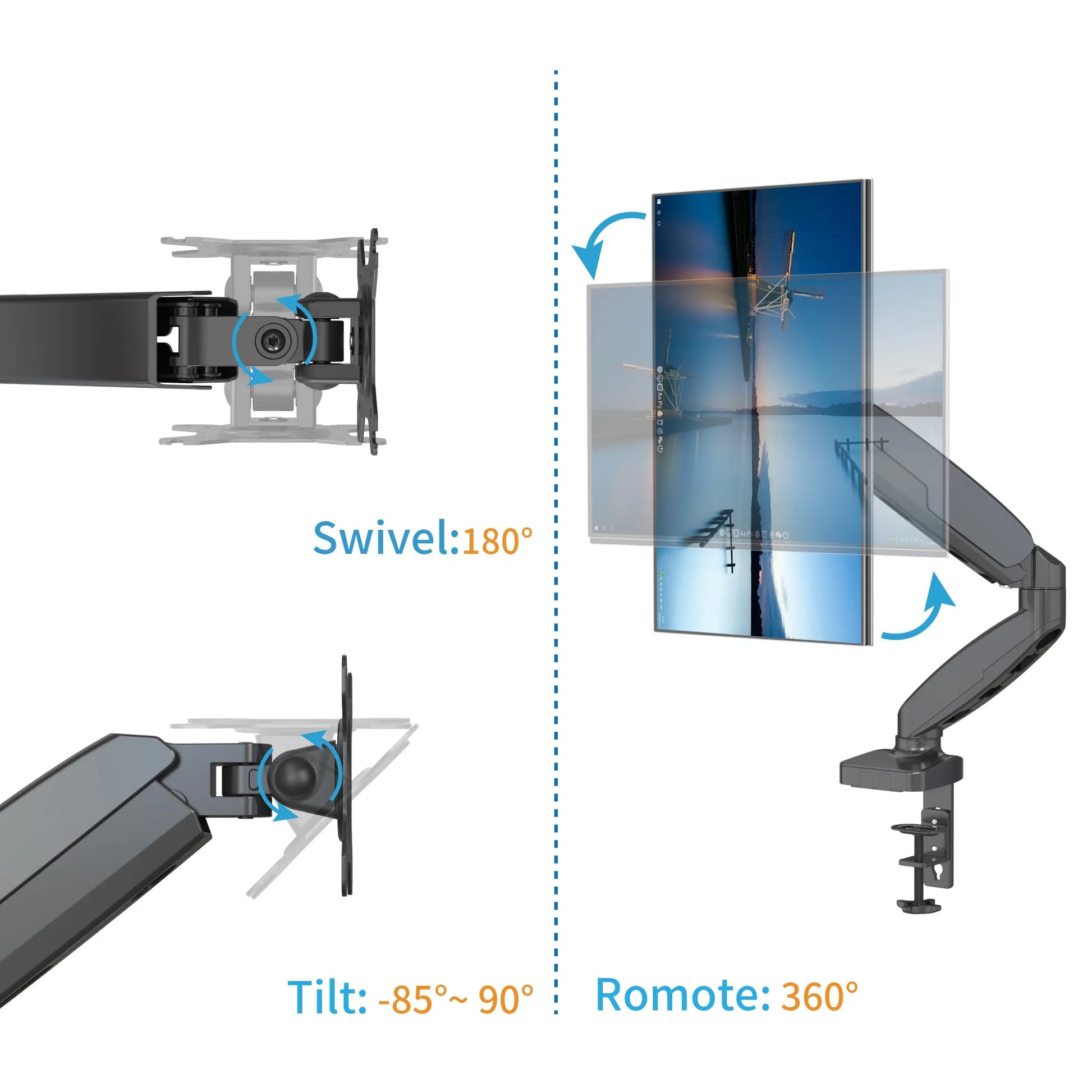 Monitor arm showcasing its full-motion capabilities with 180-degree swivel, -85 to 90-degree tilt, and 360-degree rotation, perfect for dynamic work setups.