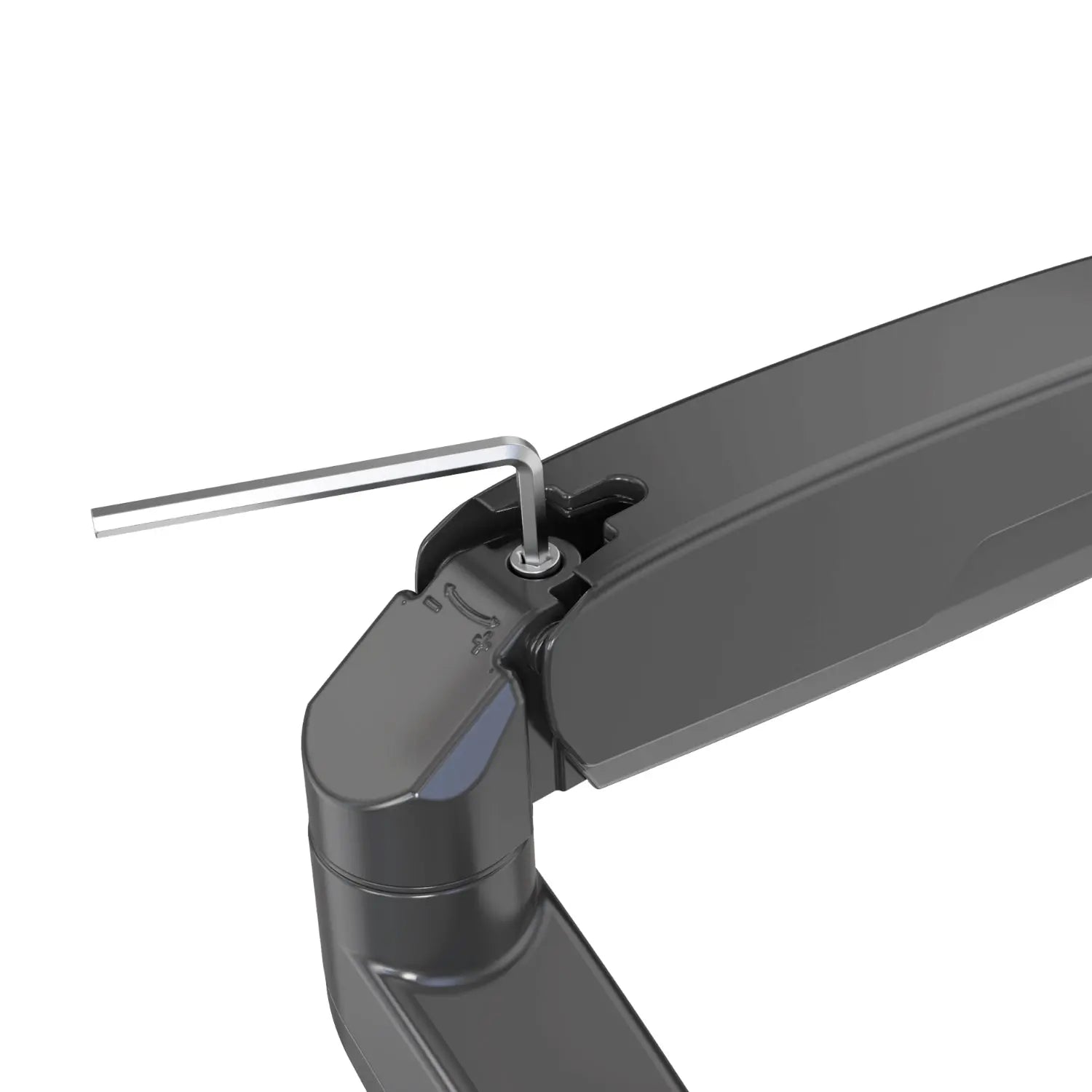 Close-up of the adjustment mechanism on the dual monitor arm, with an Allen wrench in use for fine-tuning the tension of the arm's movement.