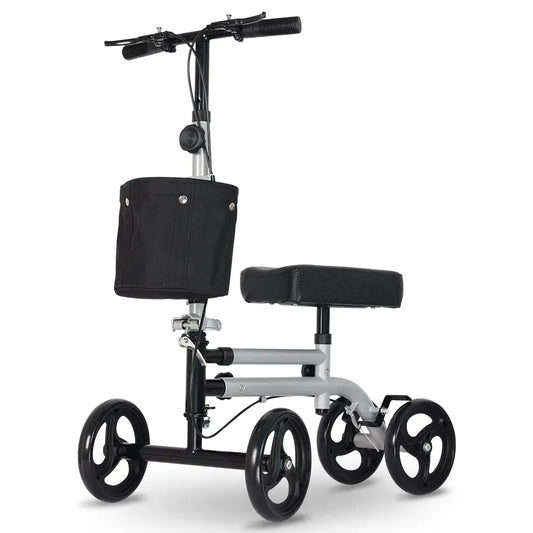 Knee walker with a black basket and padded seat.